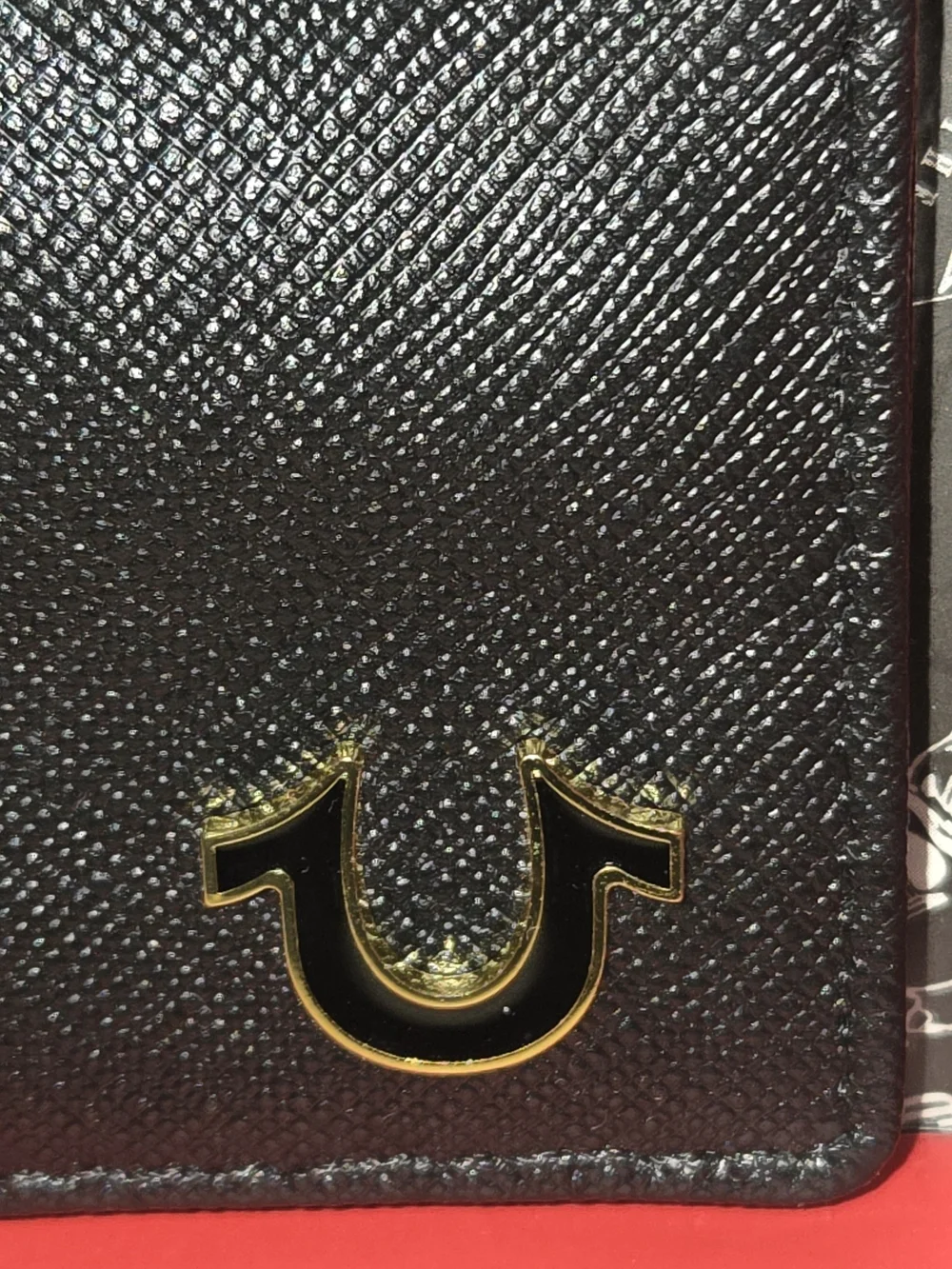 True Religion Black Textured Leather Bifold Wallet with Gold Logo